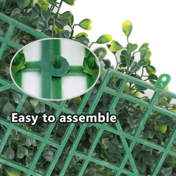 Close-up of green grid backing showing easy assembly of artificial boxwood hedge panels from FauxMart.com