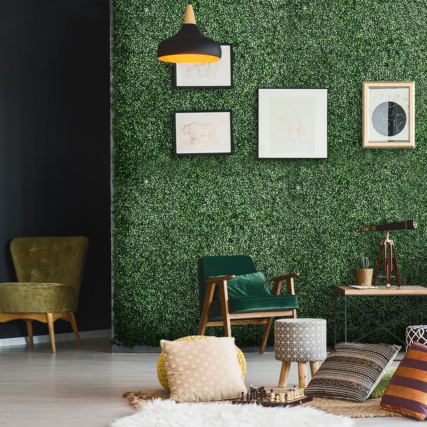 Living room interior with green artificial boxwood hedge panels wall and modern furniture decor