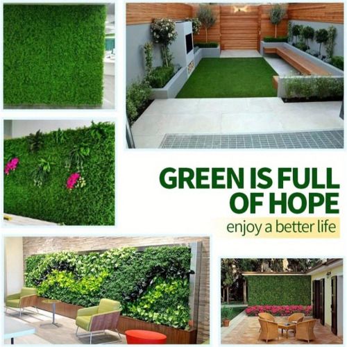 Artificial boxwood wall panels in various outdoor settings, enhancing greenery and decor