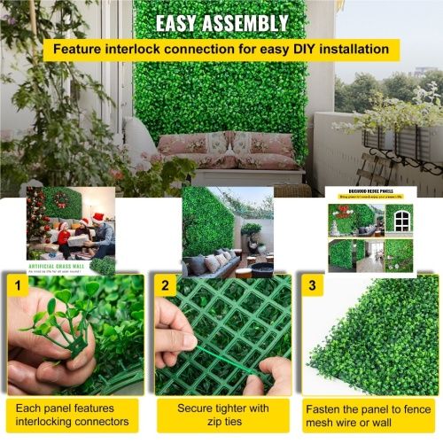 Artificial boxwood wall panels for easy DIY installation with interlocking connectors and zip ties