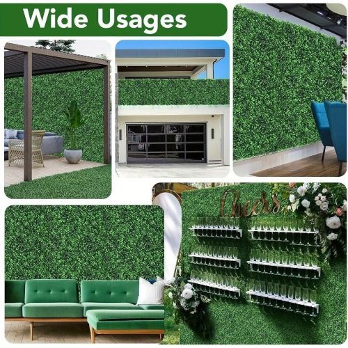 Artificial boxwood wall panels displayed in various settings for versatile decor solutions