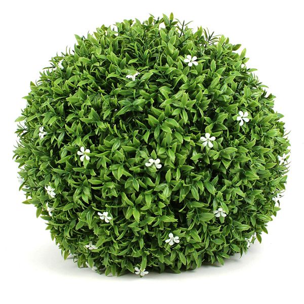 Green artificial boxwood topiary ball with small white flowers for decorative indoor and outdoor use