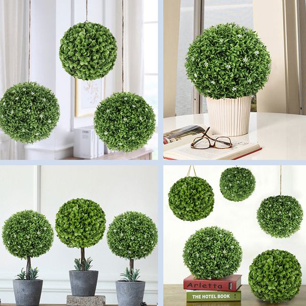 Artificial boxwood topiary ball decor in various sizes displayed hanging and in pots for indoor decoration
