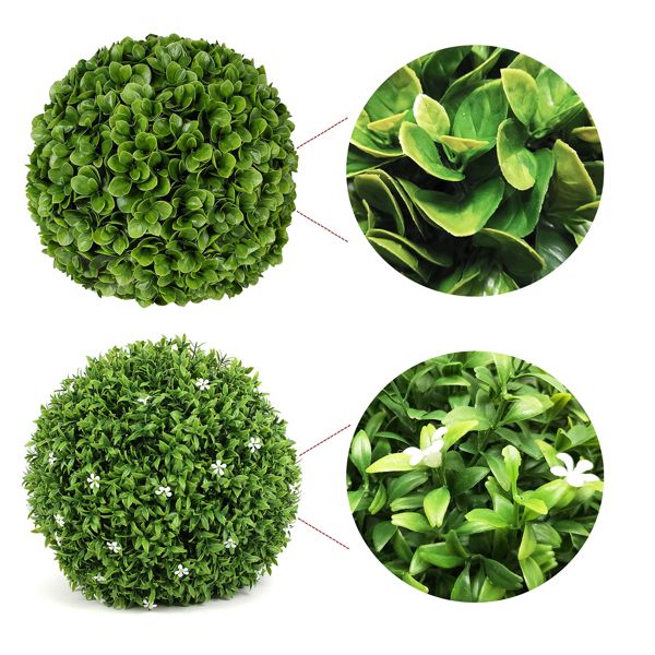 Two artificial boxwood topiary balls with close-up views showing realistic green leaves and small white flowers