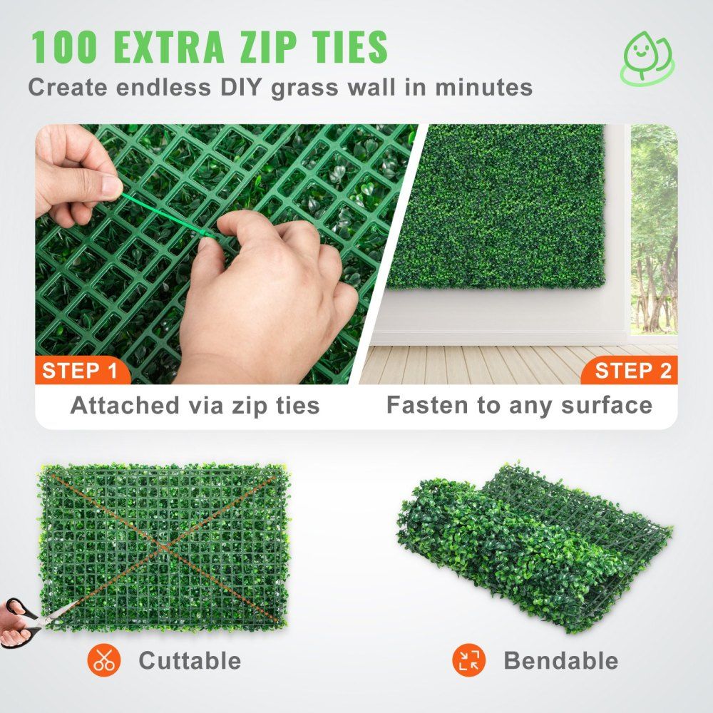 Artificial boxwood wall panels showing zip tie attachment, installation on wall, cuttable and bendable features