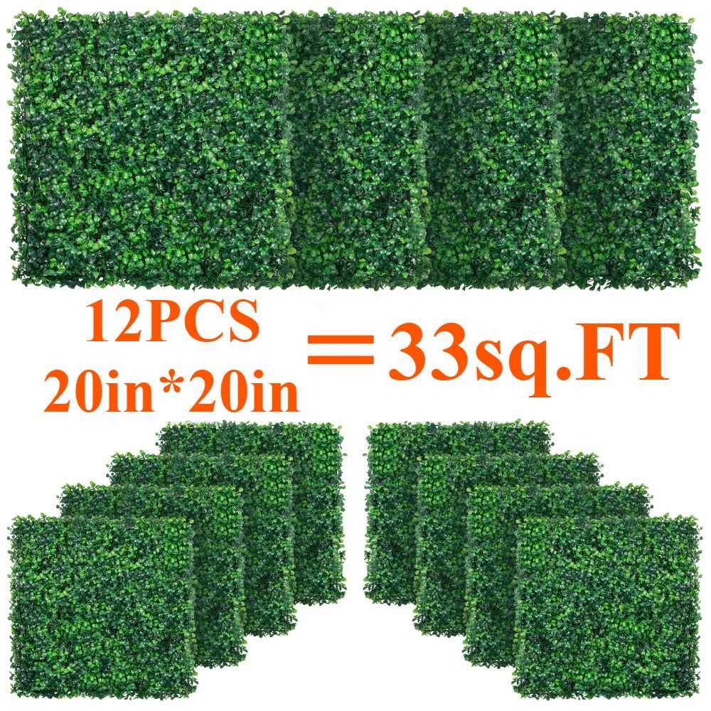 Set of 12 artificial boxwood wall panels 20 by 20 inches covering 33 square feet for decorative green walls