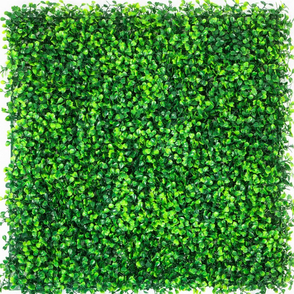 Square panel of artificial boxwood wall panels featuring dense, vibrant green foliage for decor