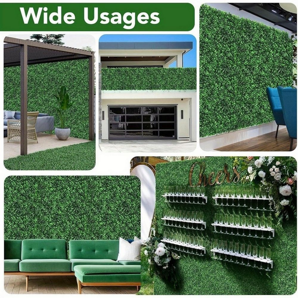 Artificial boxwood wall panels used for outdoor patio, balcony railing, living room wall, and decorative event display