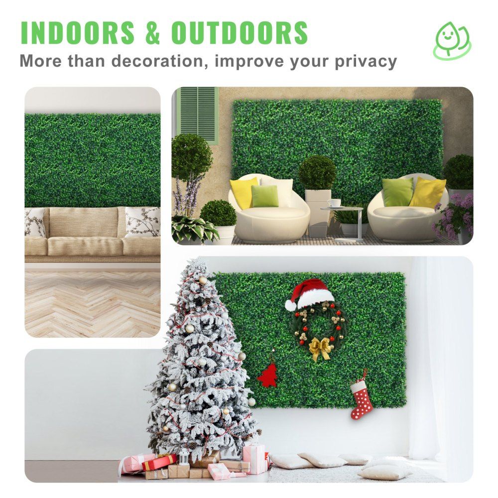 Artificial boxwood wall panels used indoors and outdoors for privacy and decoration in living and patio spaces