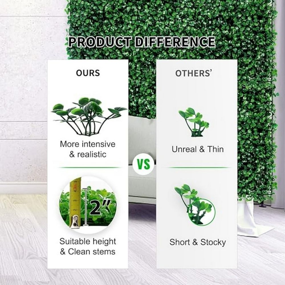 Comparison of artificial boxwood wall panels showing FauxMart.com's more realistic, taller, and cleaner stems versus others' thin and stocky panels