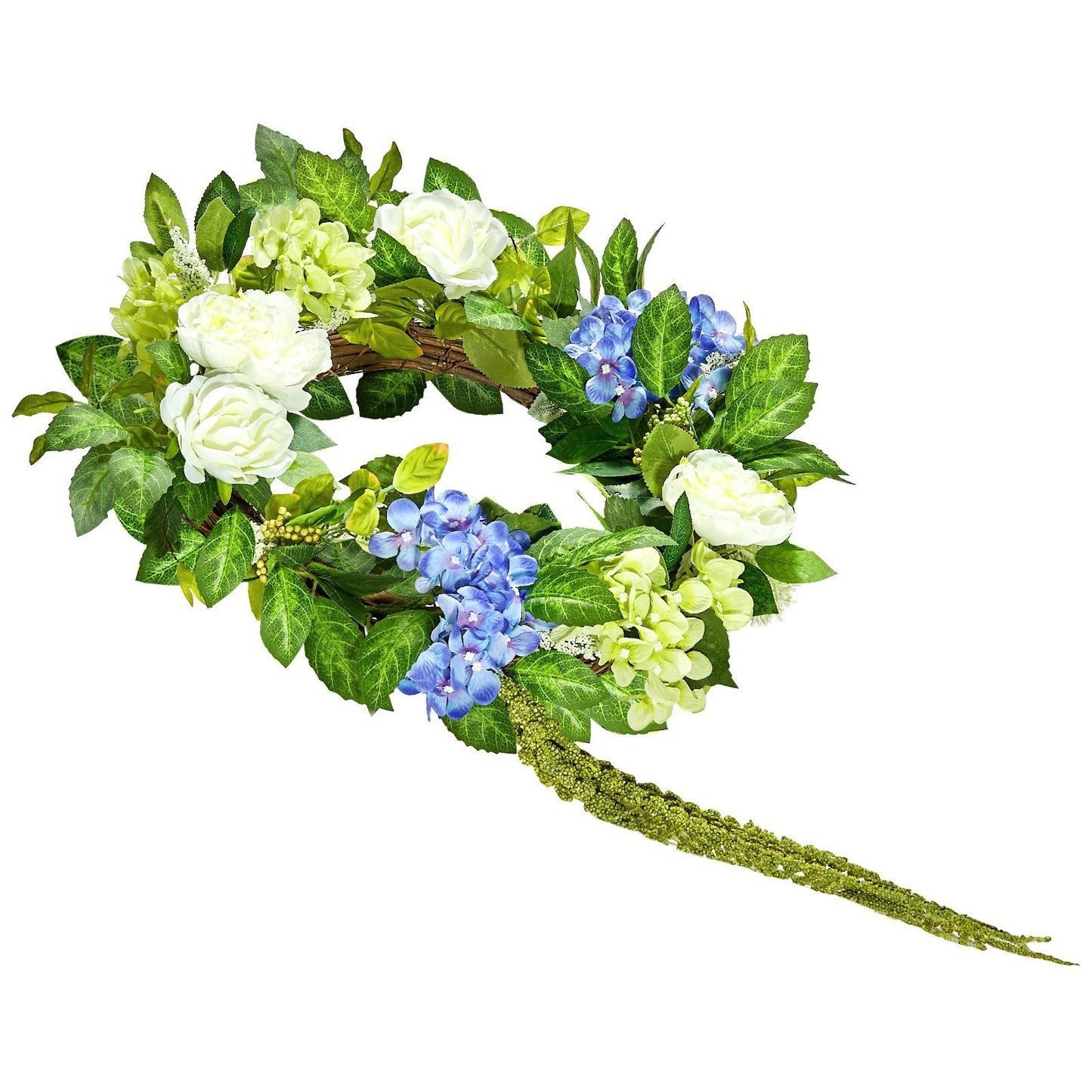Artificial hydrangea wreath with white and blue flowers and green leaves decorative greenery