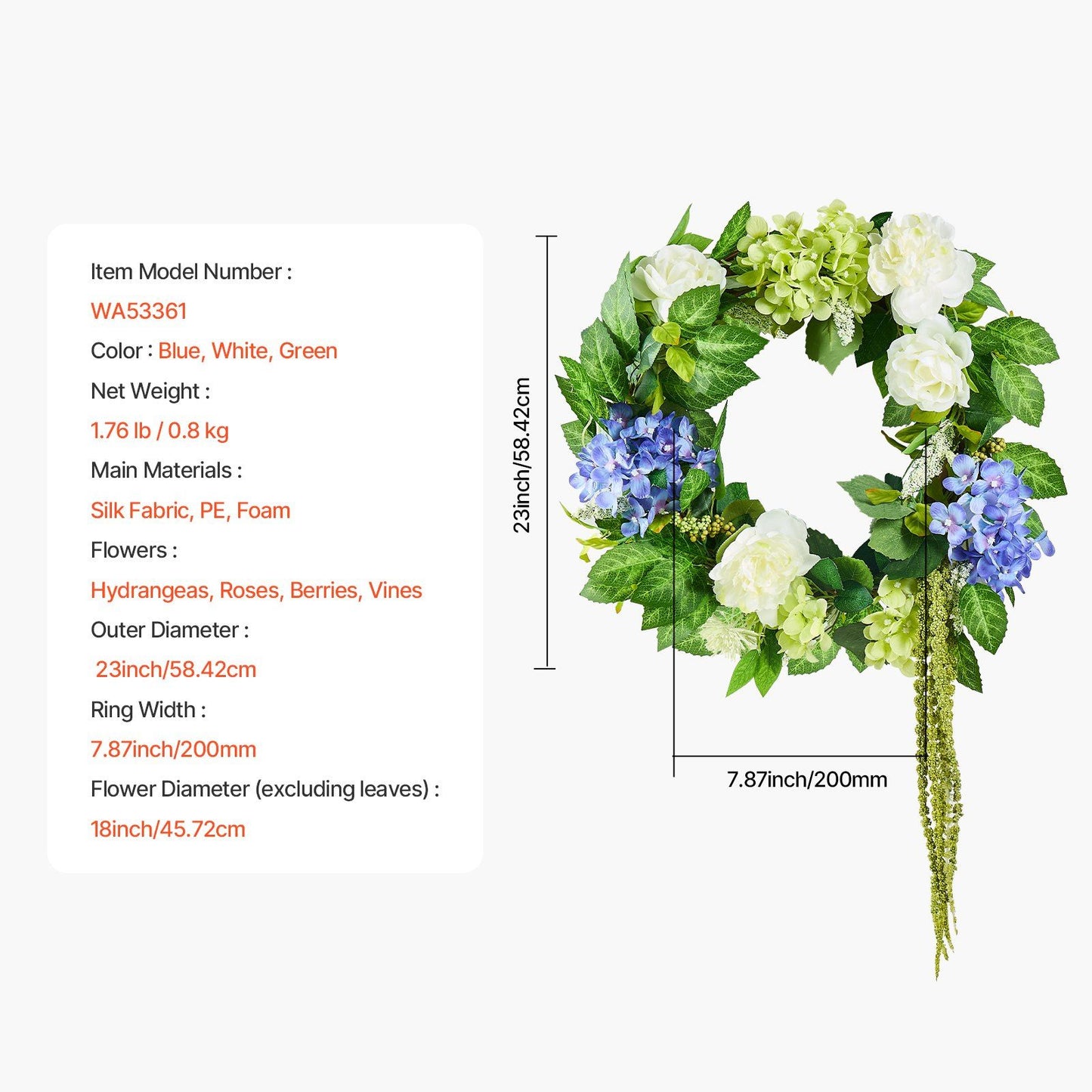 Artificial hydrangea wreath with blue, white, and green flowers measuring 23 inches diameter