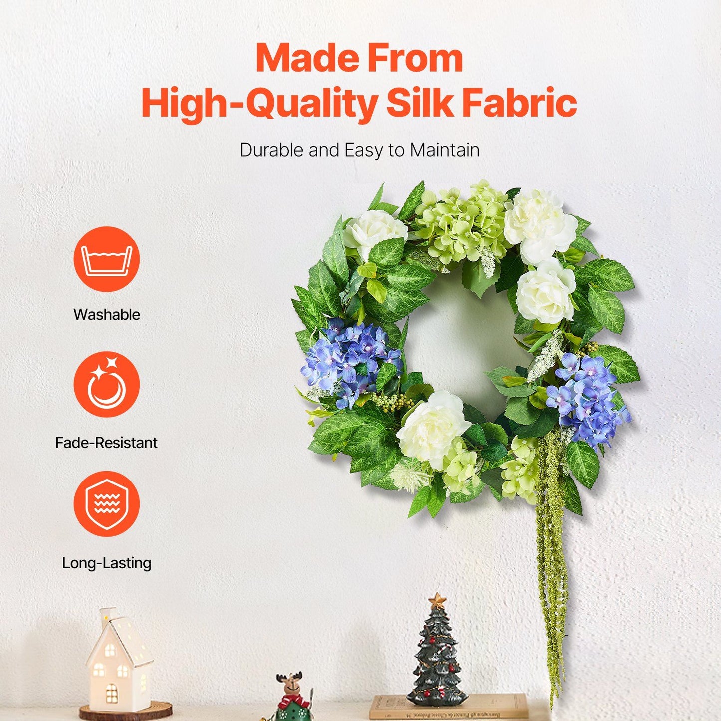 Artificial hydrangea wreath made from high-quality silk fabric with green leaves and white and blue flowers