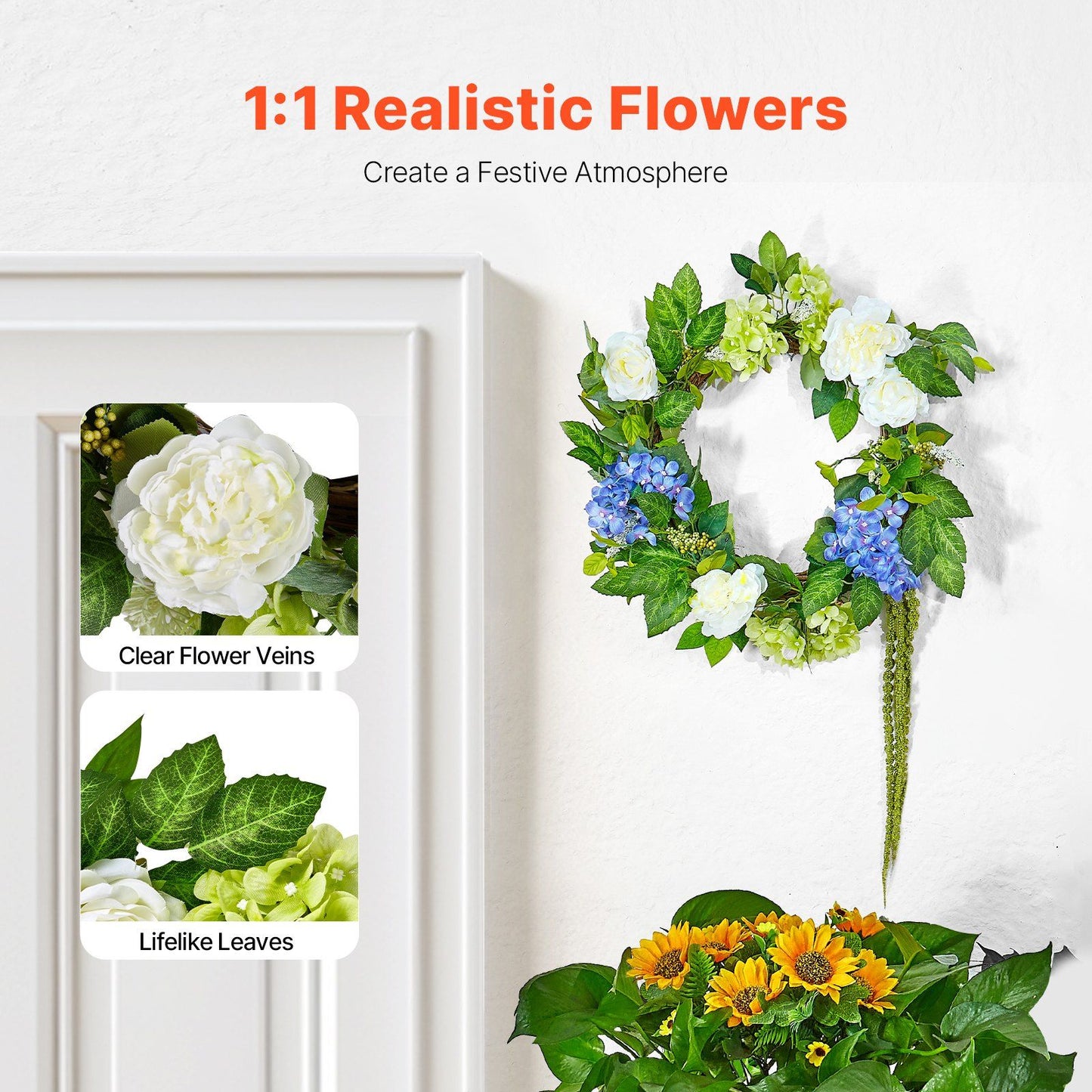 Artificial hydrangea wreath with white and blue flowers and lifelike green leaves hanging on a white wall