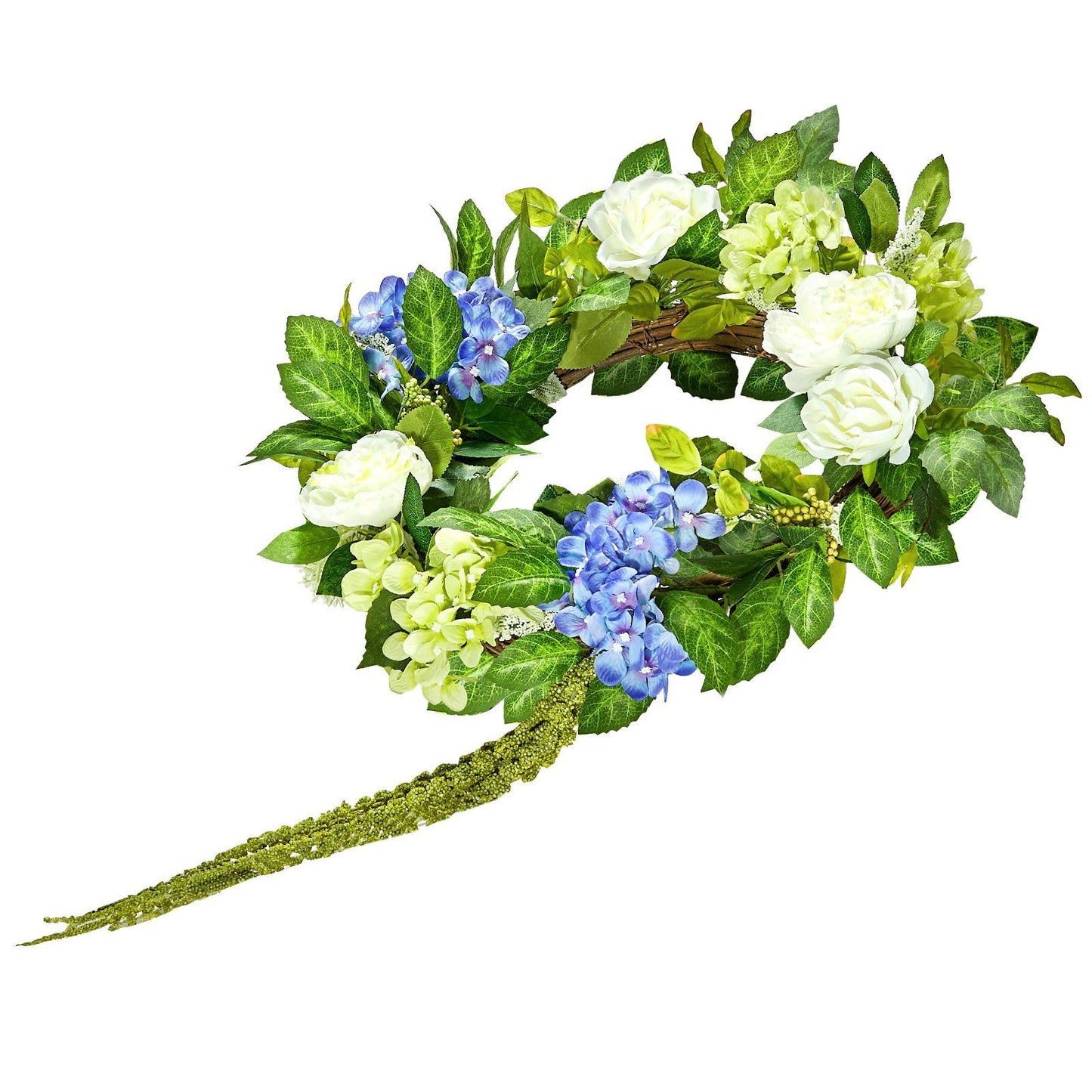 Artificial hydrangea wreath with blue and white flowers and green leaves from FauxMart.com