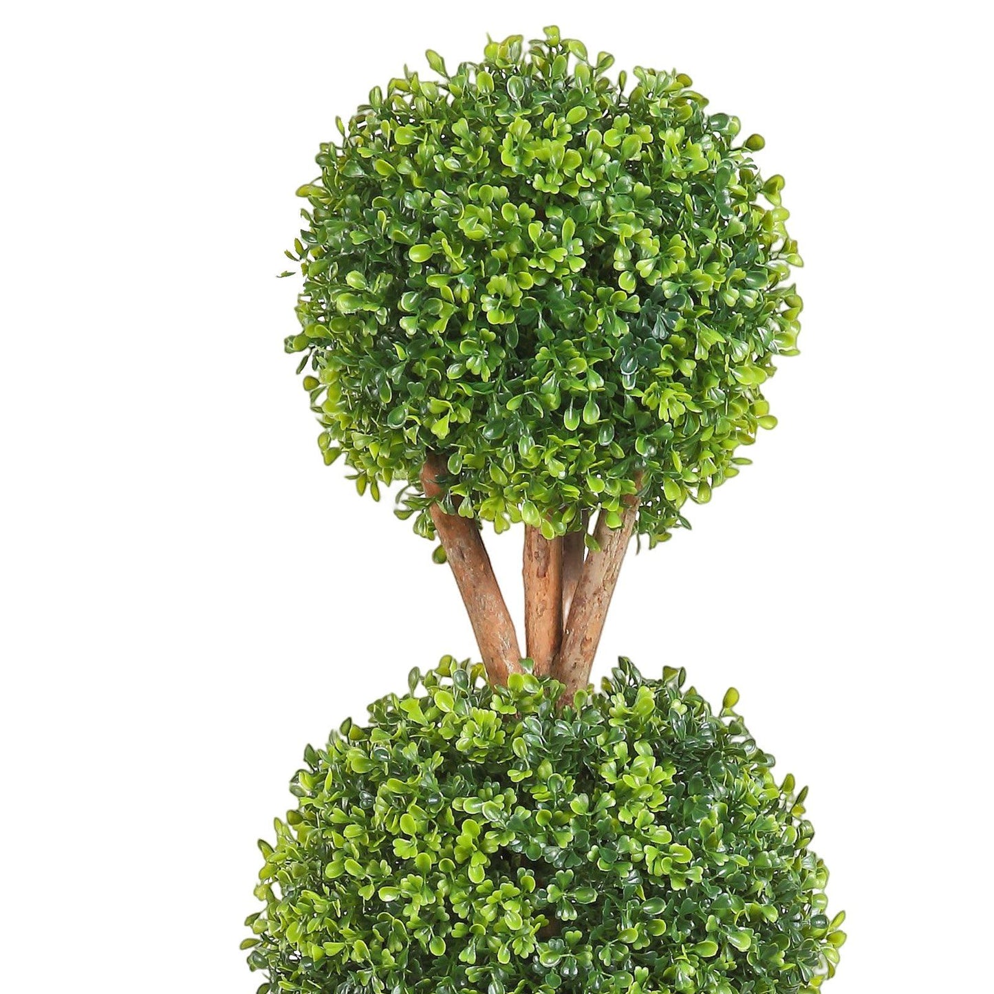 Faux boxwood trees set with vibrant green leaves and natural brown stems for indoor decor