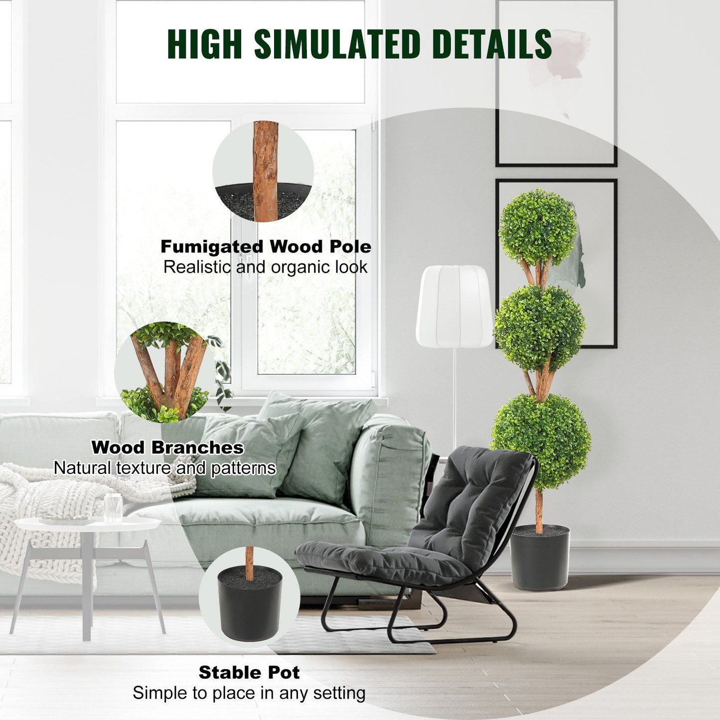 Faux boxwood trees set with fumigated wood pole, natural wood branches, and stable pot in modern living room