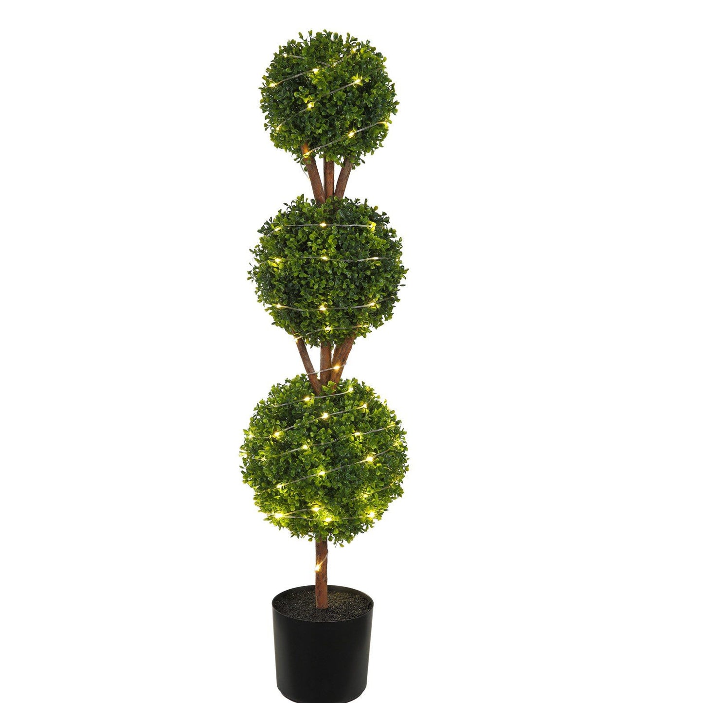 Faux boxwood trees set with three green topiary balls and string lights in black pot