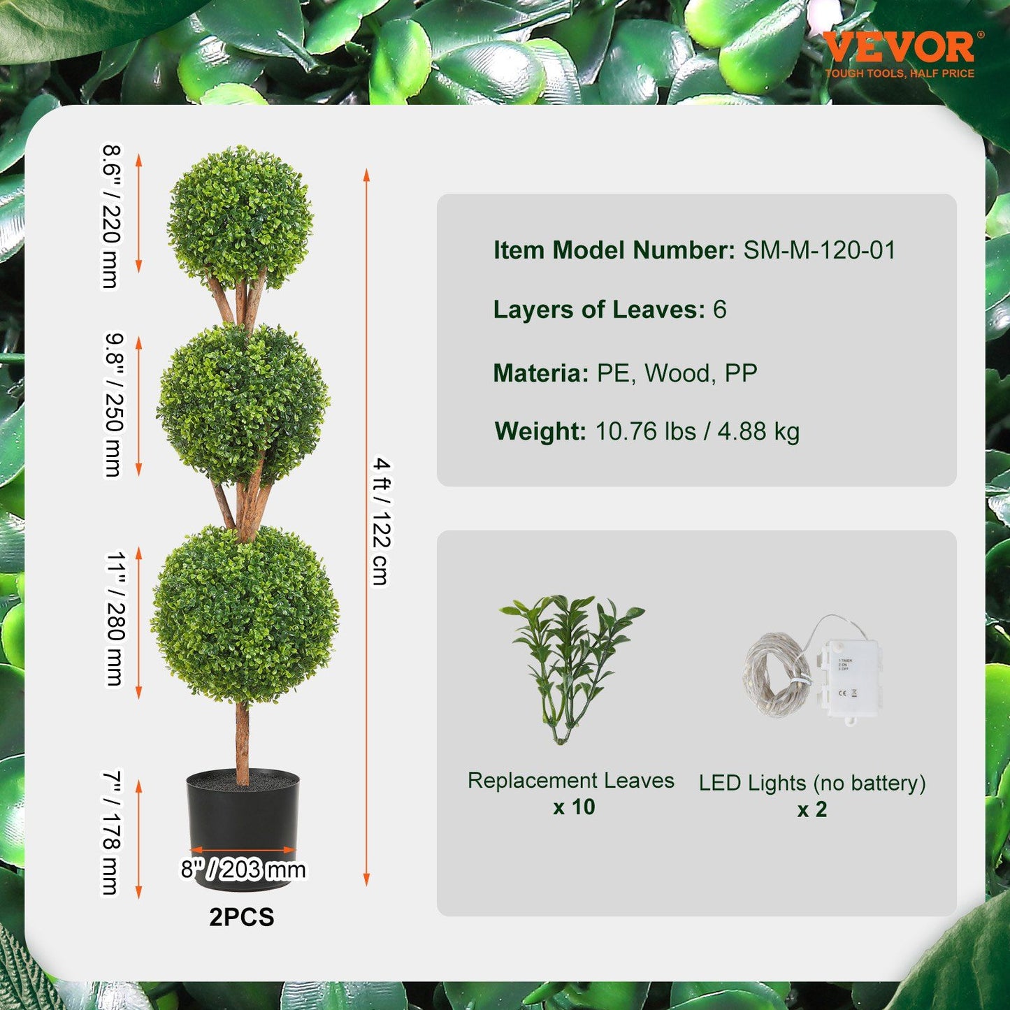 Set of two faux boxwood trees with three green leaf layers each and replacement leaves