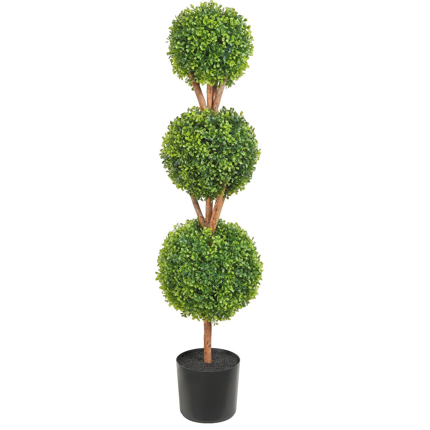 Faux boxwood trees set with three green spherical topiary balls in a black pot from FauxMart.com