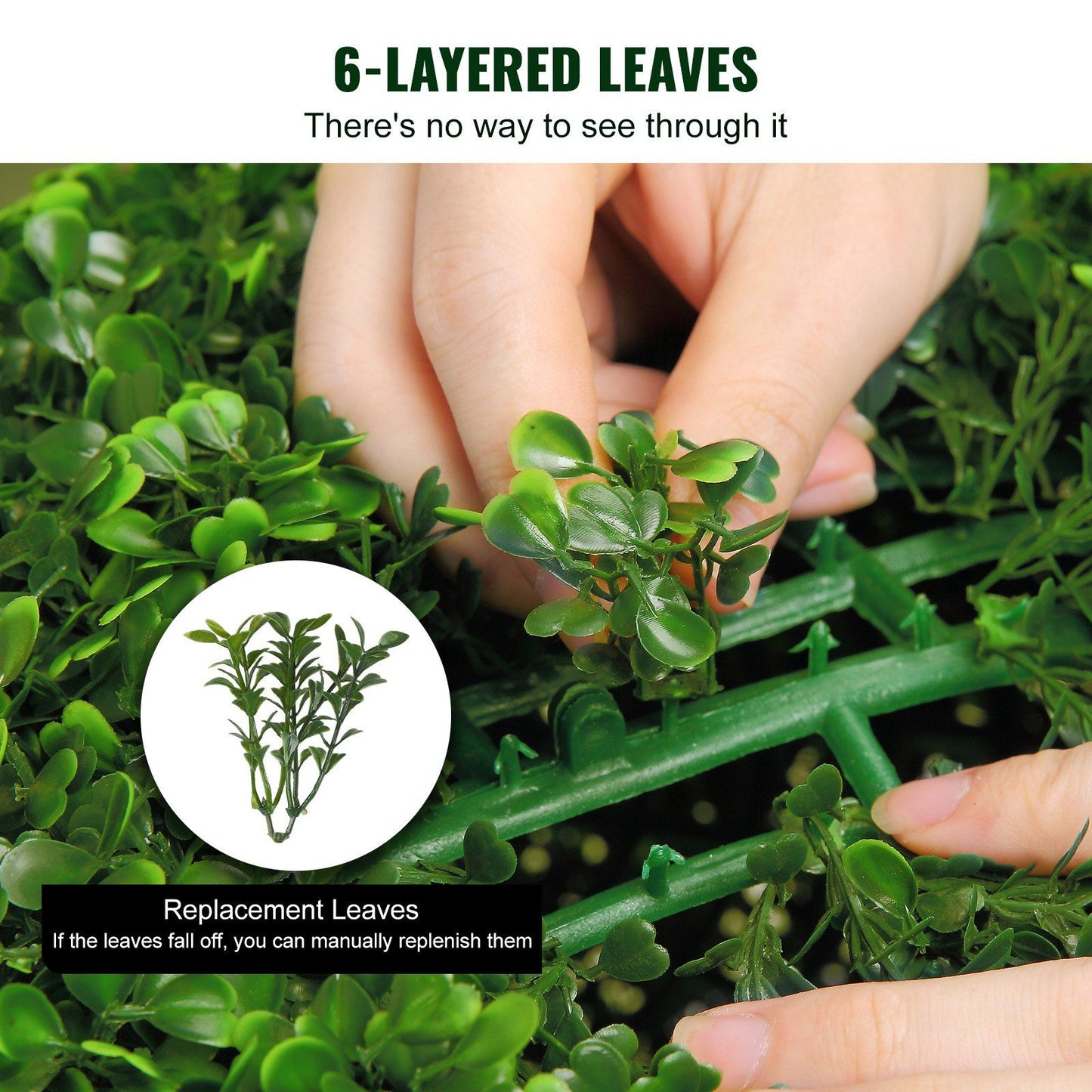 Close-up of hands attaching replacement leaves to faux boxwood trees set showing 6-layered dense green leaves