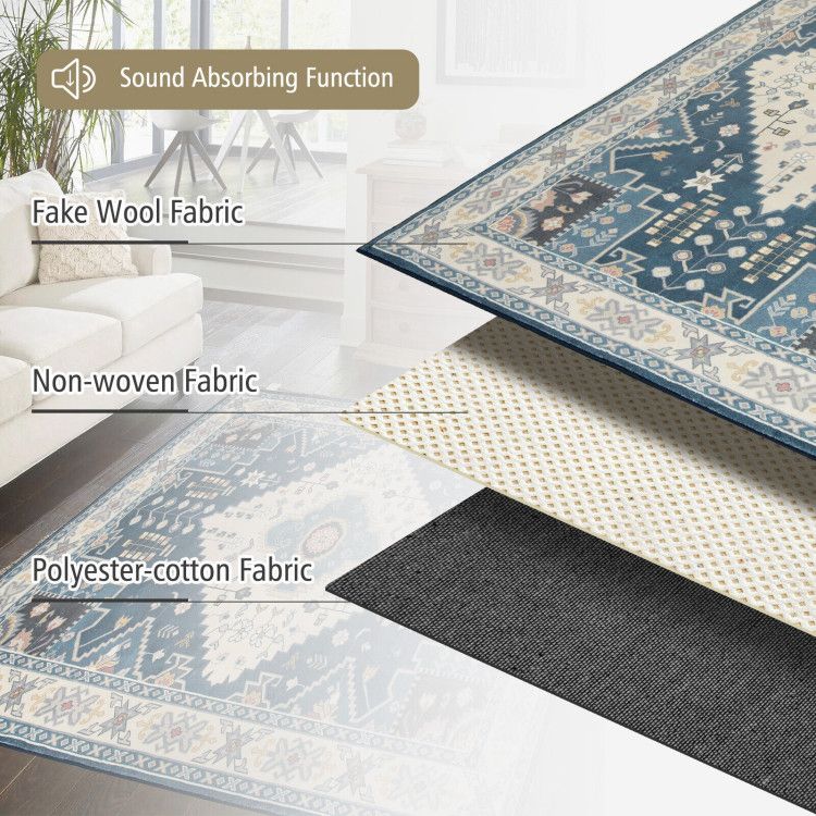 Layered composition of faux wool area rugs showing fake wool, non-woven, and polyester-cotton fabrics with sound absorbing function