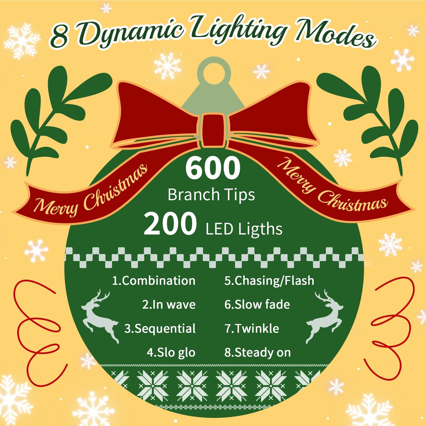 Lighted Santa hat Christmas tree set with 600 branch tips and 200 LED lights featuring 8 dynamic lighting modes