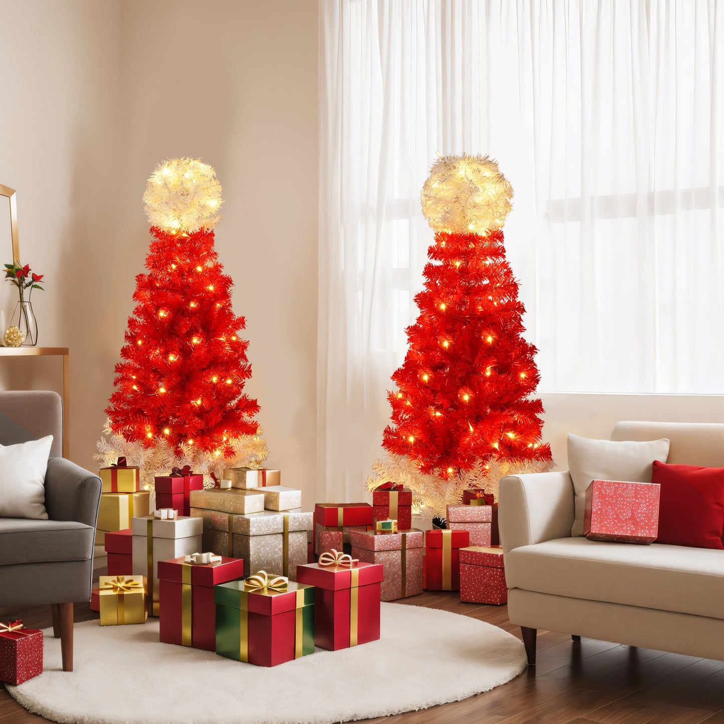 Lighted Santa hat Christmas tree set with red and white lights surrounded by Christmas gifts in living room