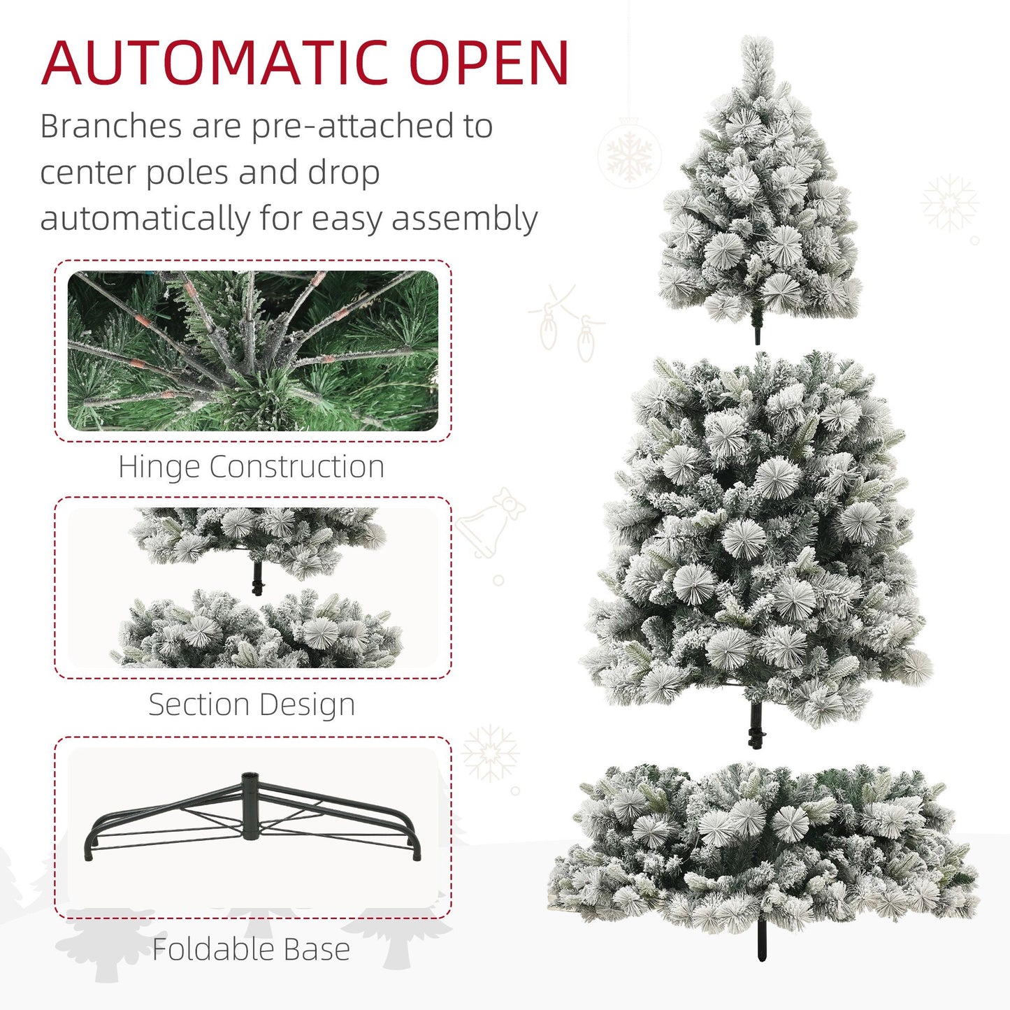 Pre-lit snow flocked Christmas tree with automatic open branches, hinge construction, foldable base, and easy assembly