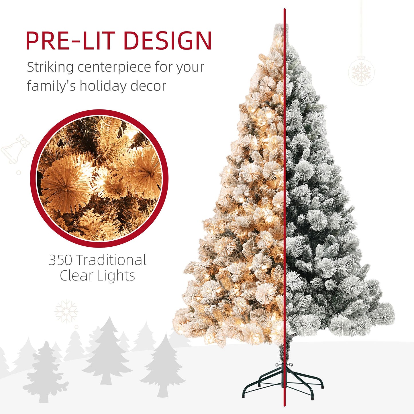 Pre-lit snow flocked Christmas tree with 350 traditional clear lights for holiday decor