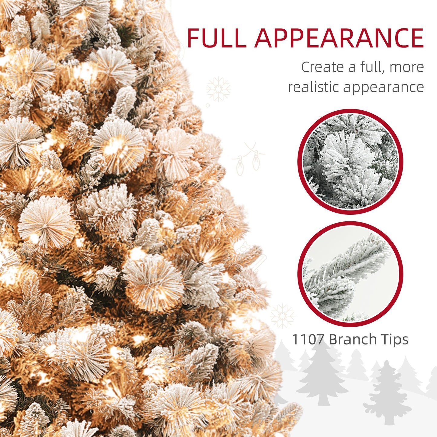 FauxMart.com pre-lit snow flocked Christmas tree with 1107 branch tips for a full realistic appearance