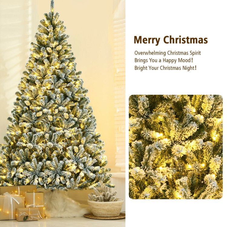 Pre-lit snow flocked Christmas tree with warm white lights in a cozy living room setting