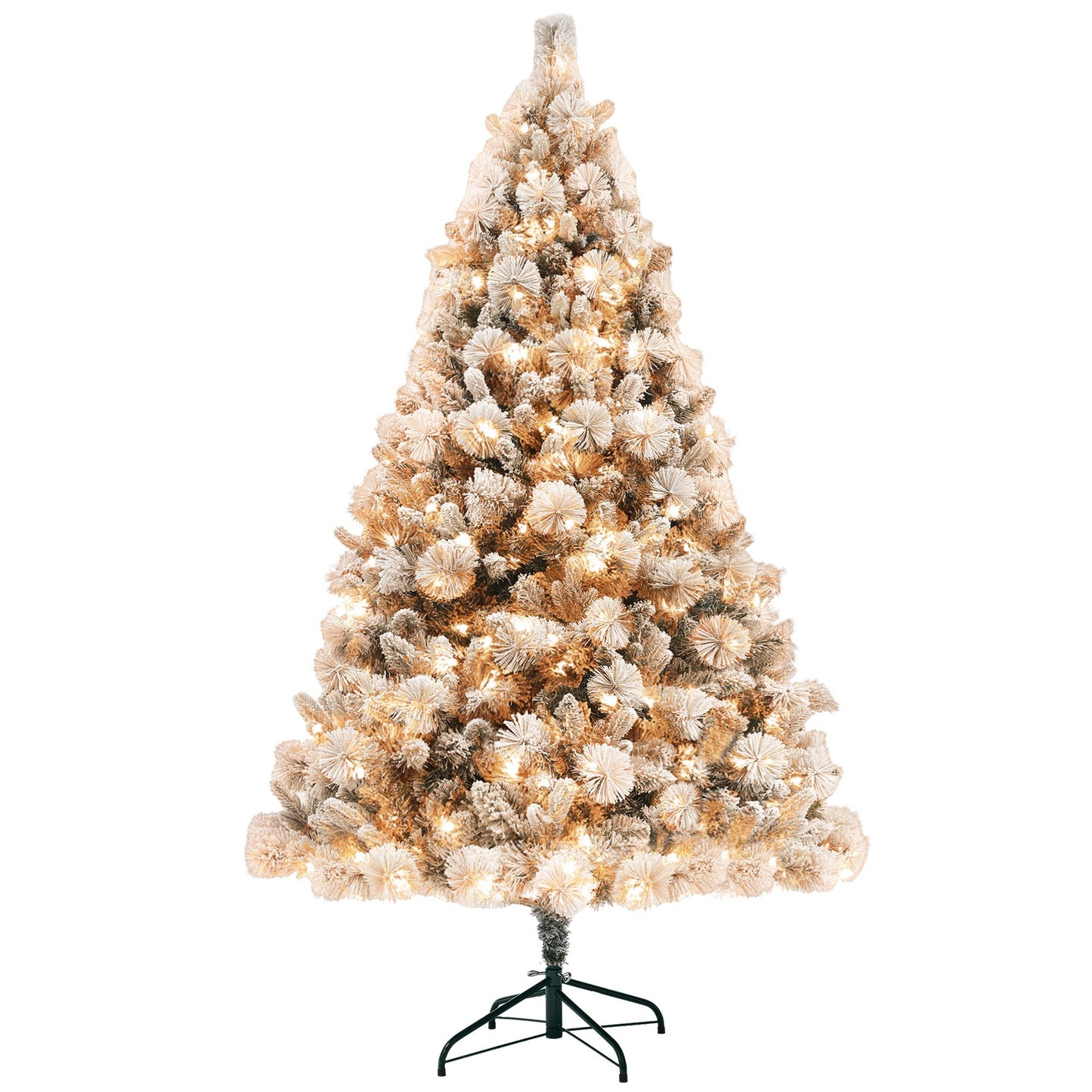 Pre-lit snow flocked Christmas tree with white lights on a sturdy black stand