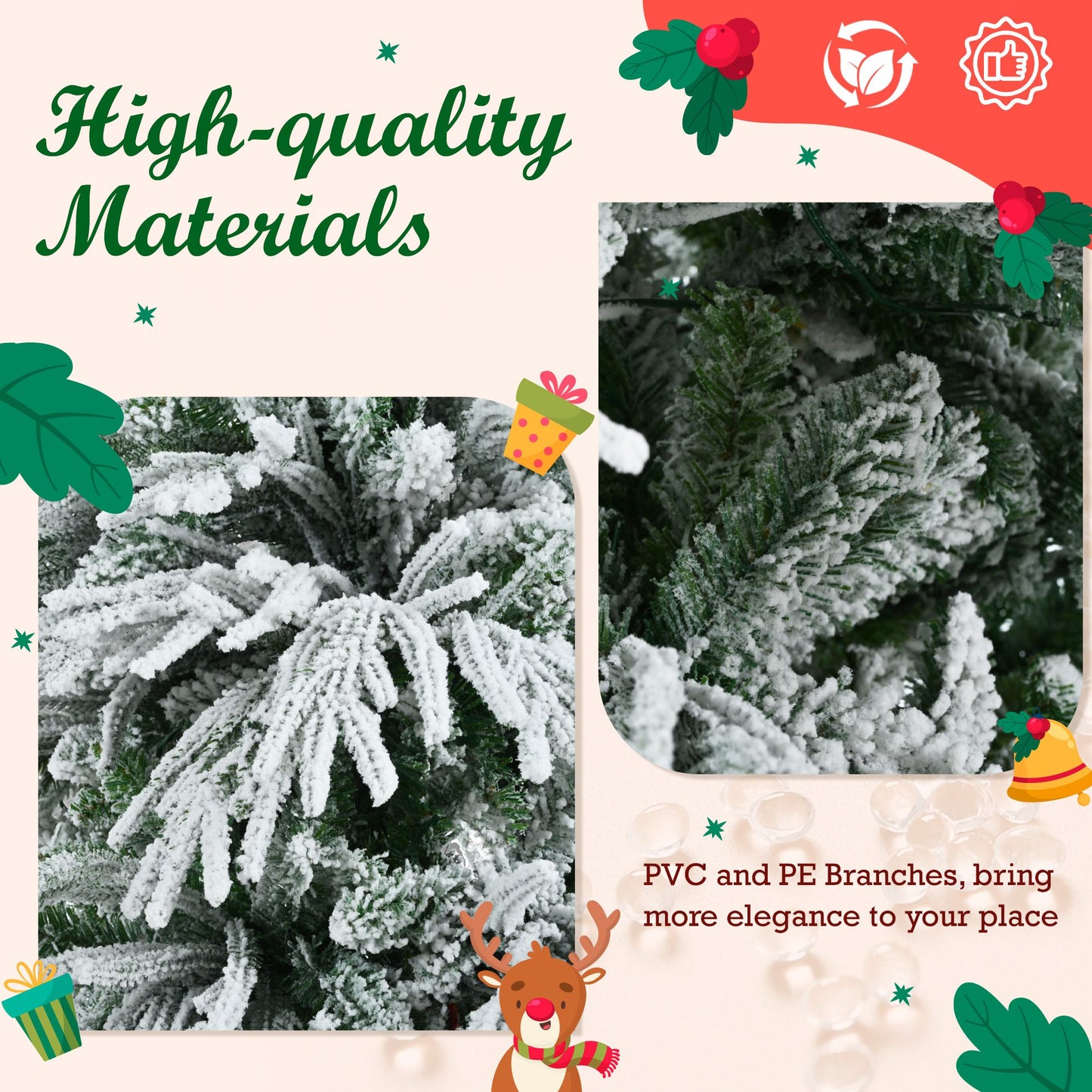 Close-up of high-quality PVC and PE branches on pre-lit snow flocked Christmas tree set showing realistic snow-covered texture