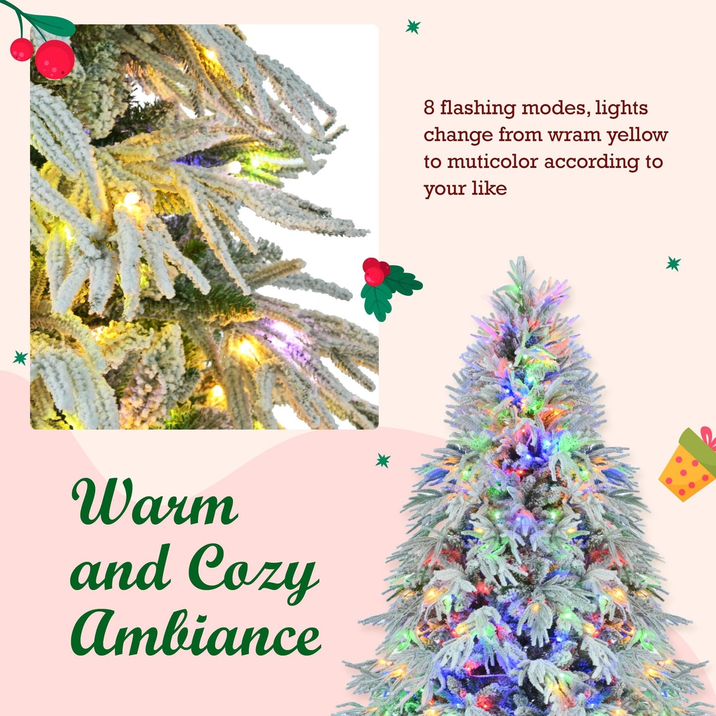 Pre-lit snow flocked Christmas tree set with multicolor and warm yellow flashing lights from FauxMart.com