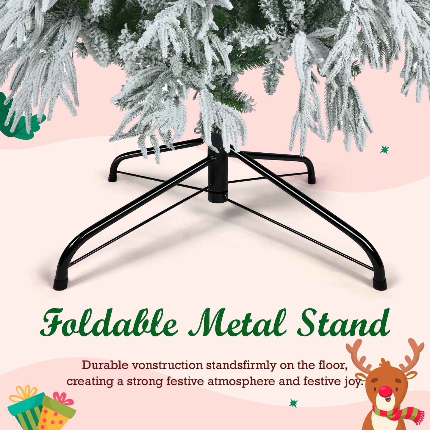 Foldable metal stand supporting pre-lit snow flocked Christmas tree set from FauxMart.com