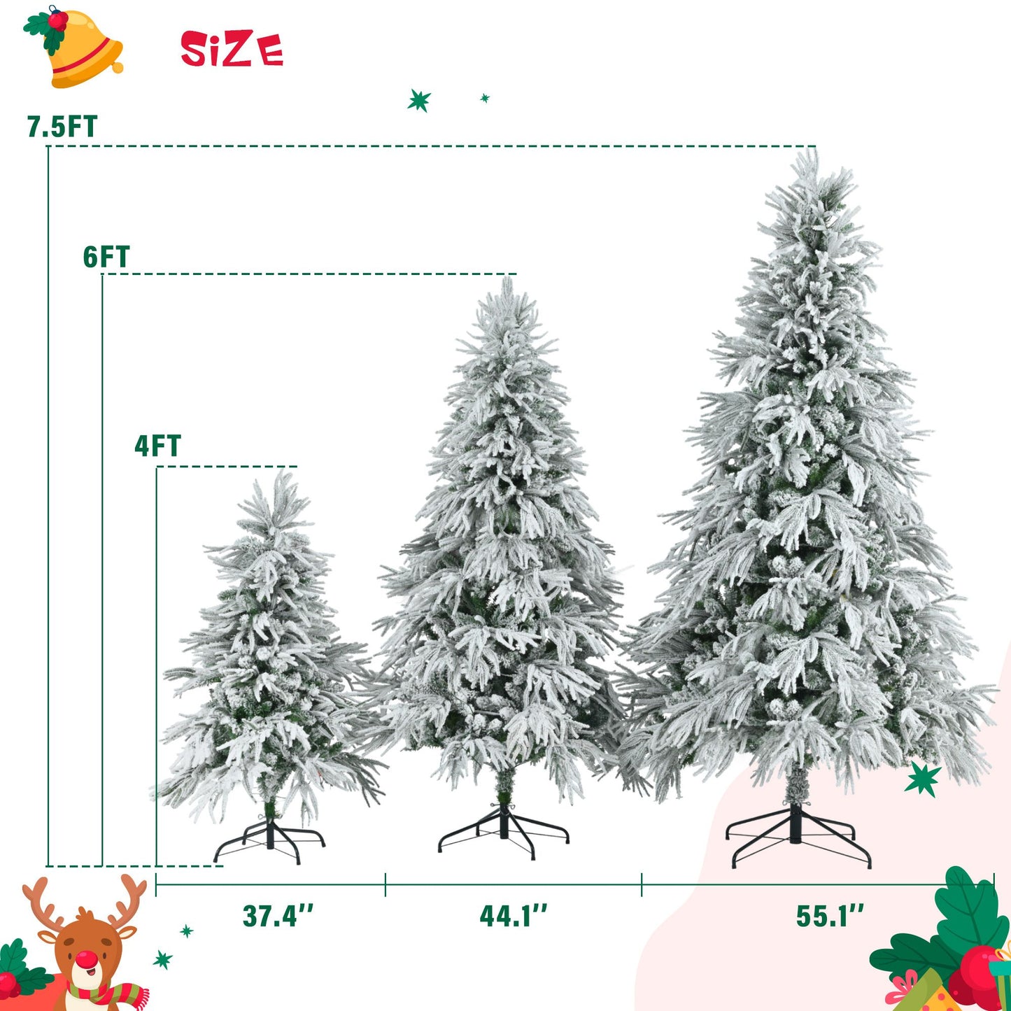 Pre-lit snow flocked Christmas tree set with three sizes 4ft, 6ft, and 7.5ft displayed with metal stands