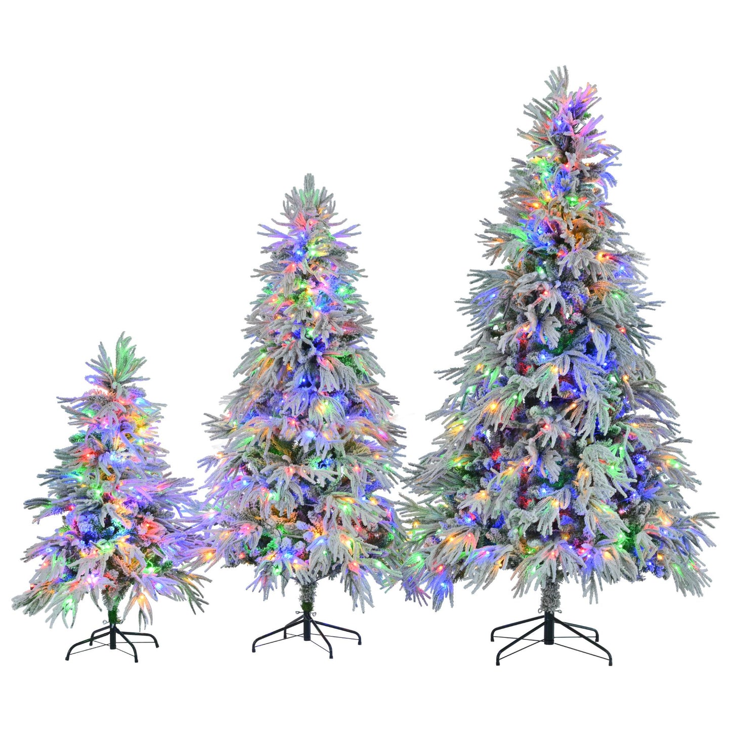 FauxMart.com pre-lit snow flocked Christmas tree set with three different sized trees featuring multicolor lights