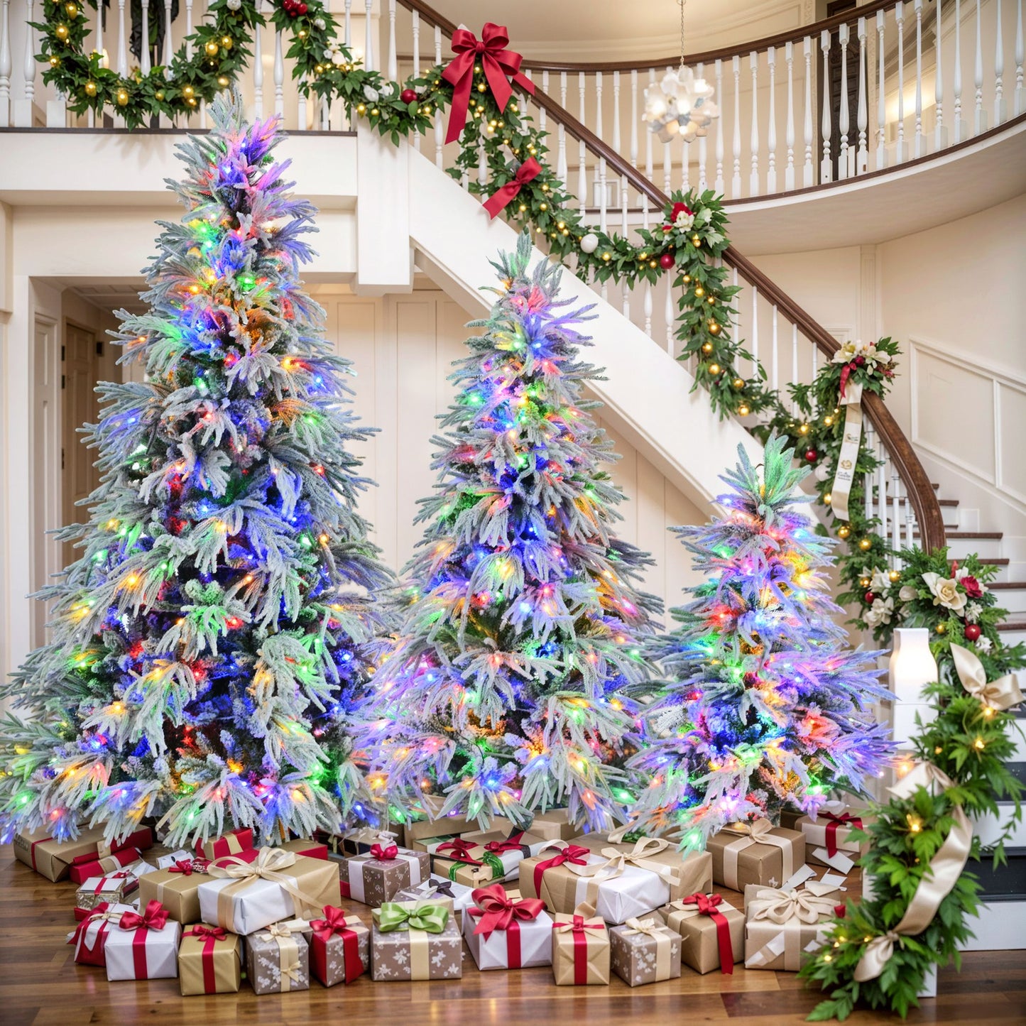 Pre-lit snow flocked Christmas tree set with multicolor lights and wrapped gifts in living room