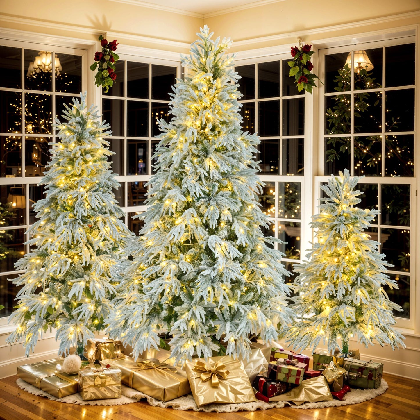 FauxMart.com pre-lit snow flocked Christmas tree set with warm yellow lights and wrapped gifts
