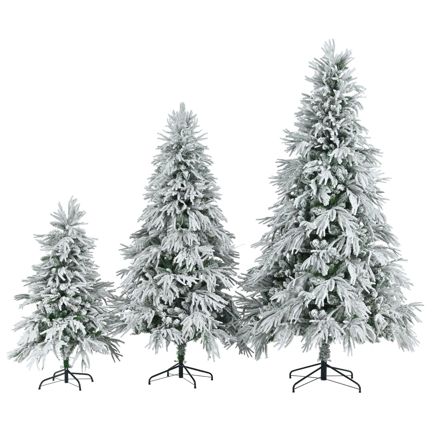 FauxMart.com pre-lit snow flocked Christmas tree set with three different sized artificial trees