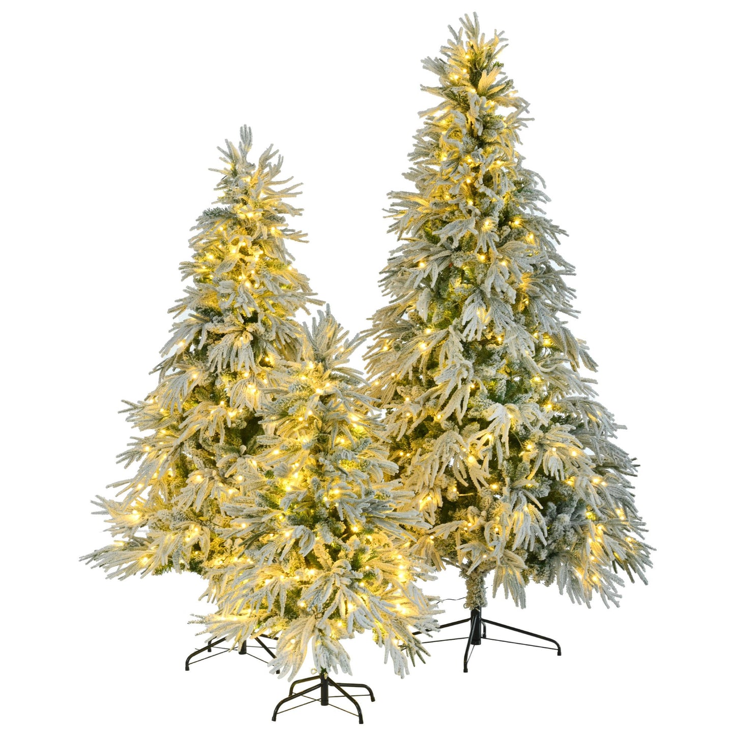 Pre-lit snow flocked Christmas tree set with warm white lights showing two sizes with full snowy branches