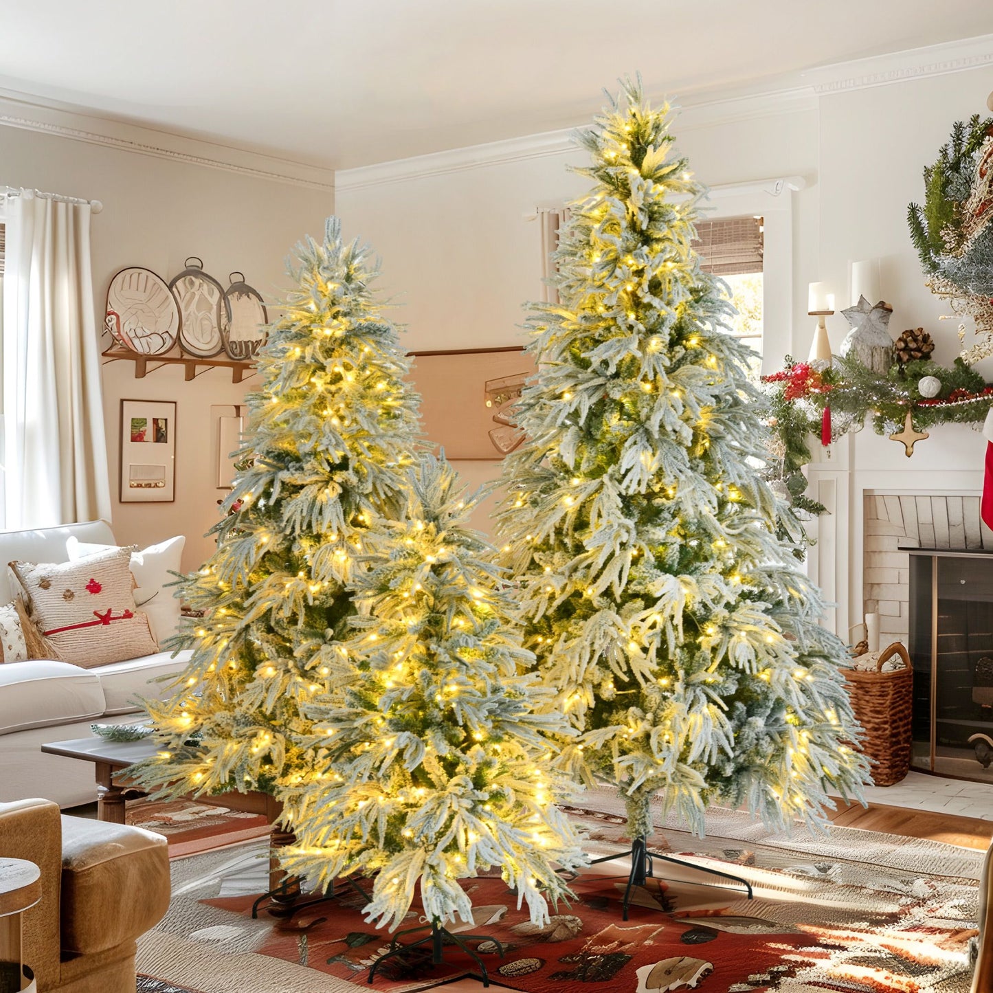 FauxMart.com pre-lit snow flocked Christmas tree set with warm white lights in cozy living room