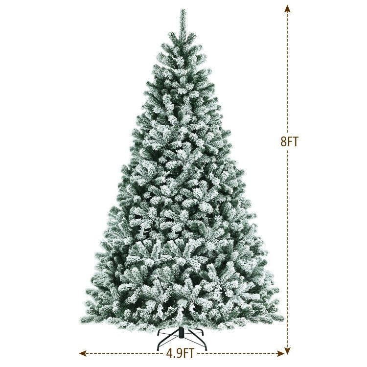 8ft tall pre-lit snow flocked Christmas tree with 4.9ft wide base and full dense branches