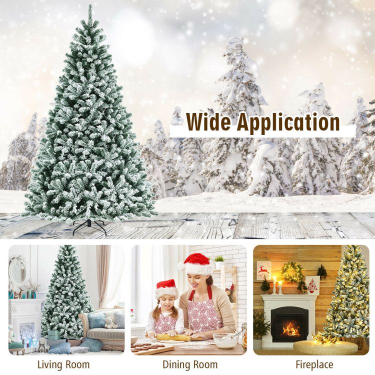 Pre-lit snow flocked Christmas tree displayed in living room dining room and near fireplace by FauxMart.com
