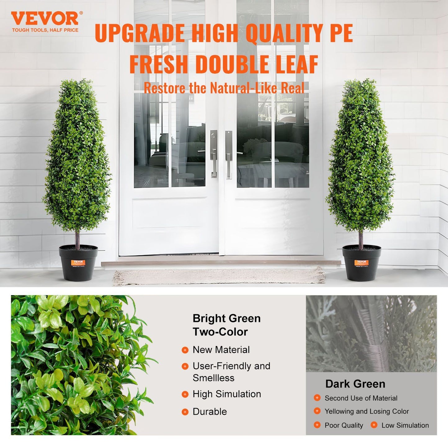 3 foot fake topiary pair with bright green leaves in black pots placed outside white double doors