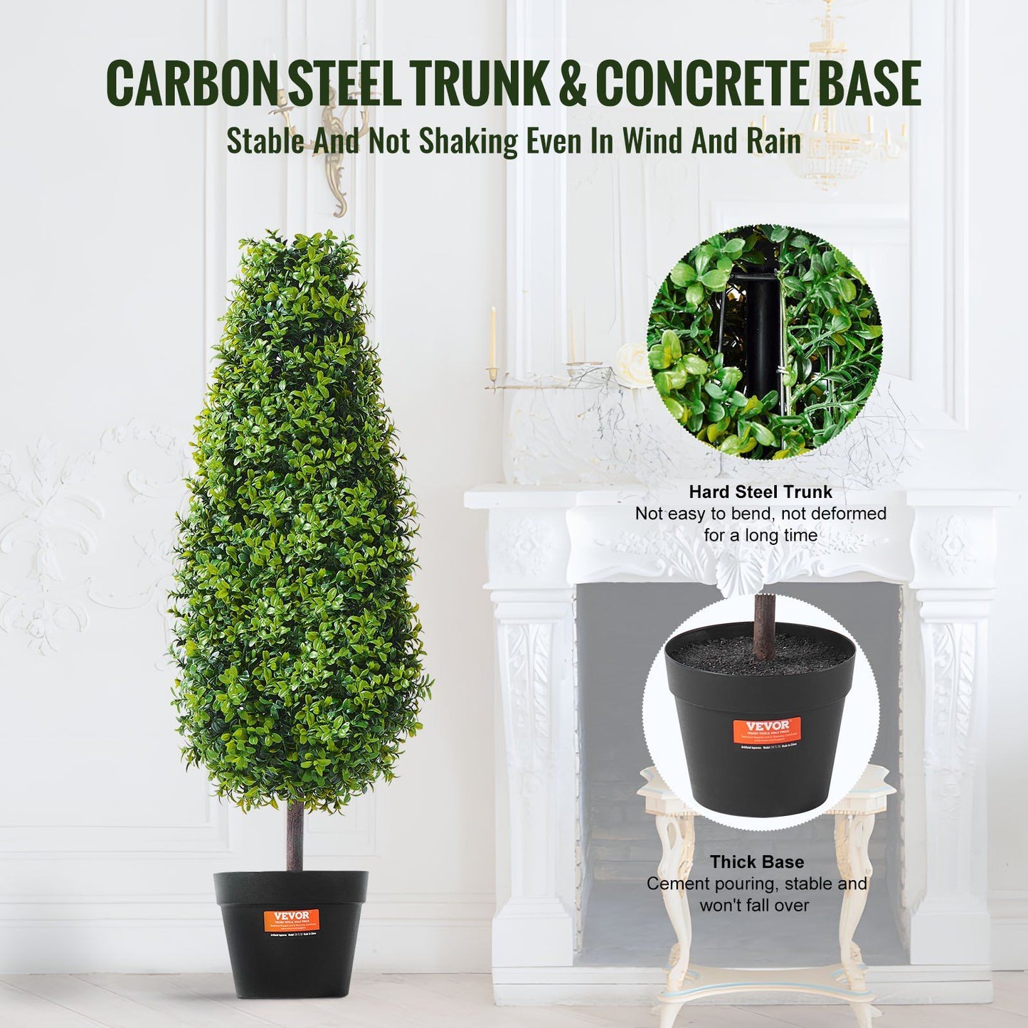 3 foot fake topiary pair with carbon steel trunk and concrete base for outdoor stability