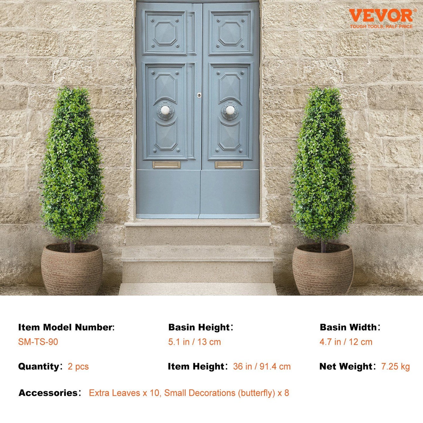 3 foot fake topiary pair in round brown pots placed symmetrically on either side of a gray front door