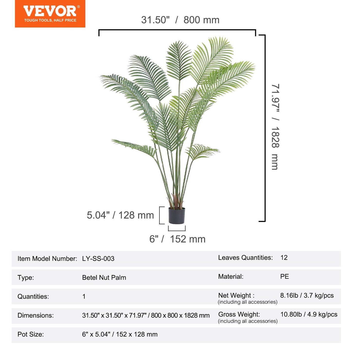 6ft artificial palm tree Betel Nut Palm with 12 leaves in black pot by FauxMart.com