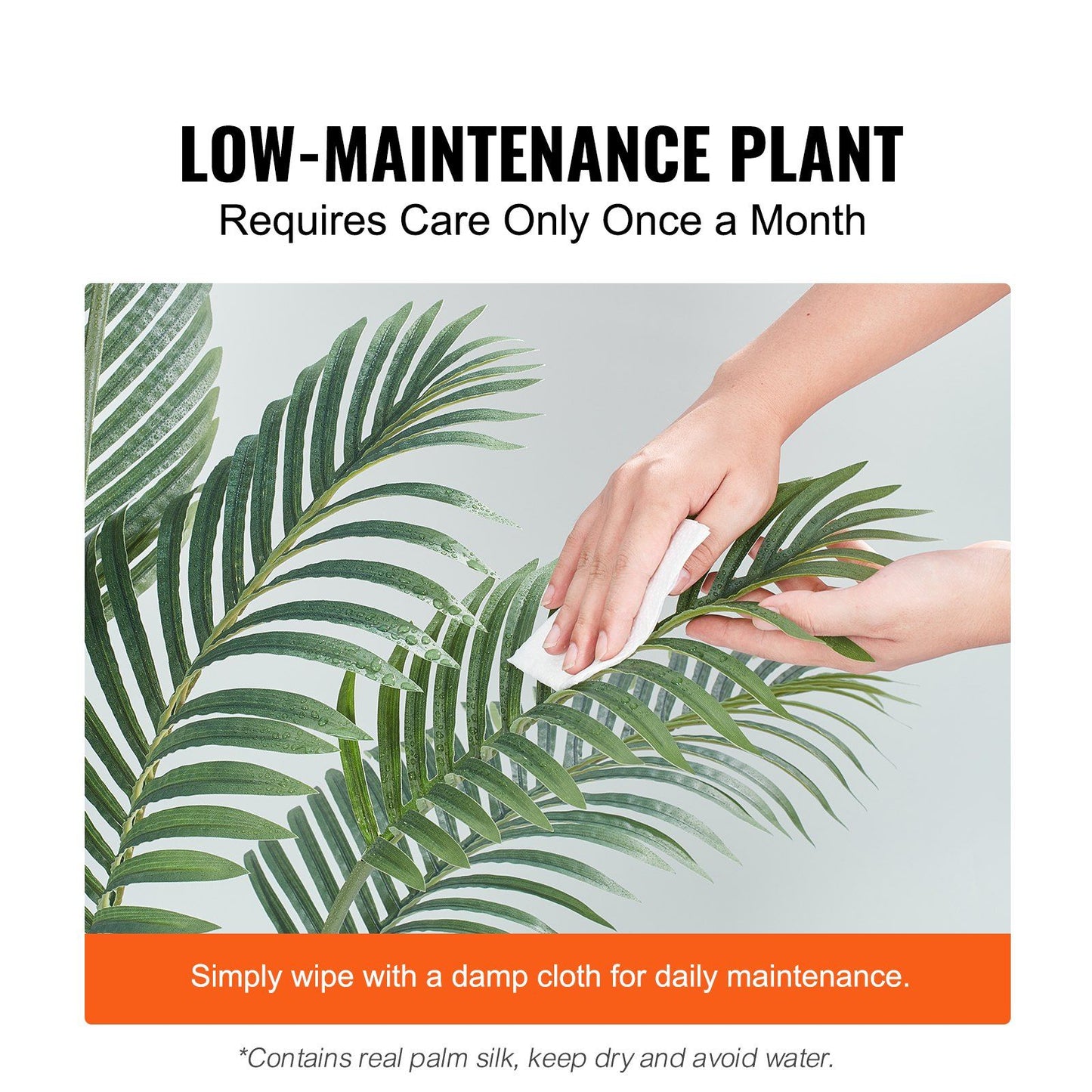6ft artificial palm tree with realistic green leaves being wiped clean for low maintenance care